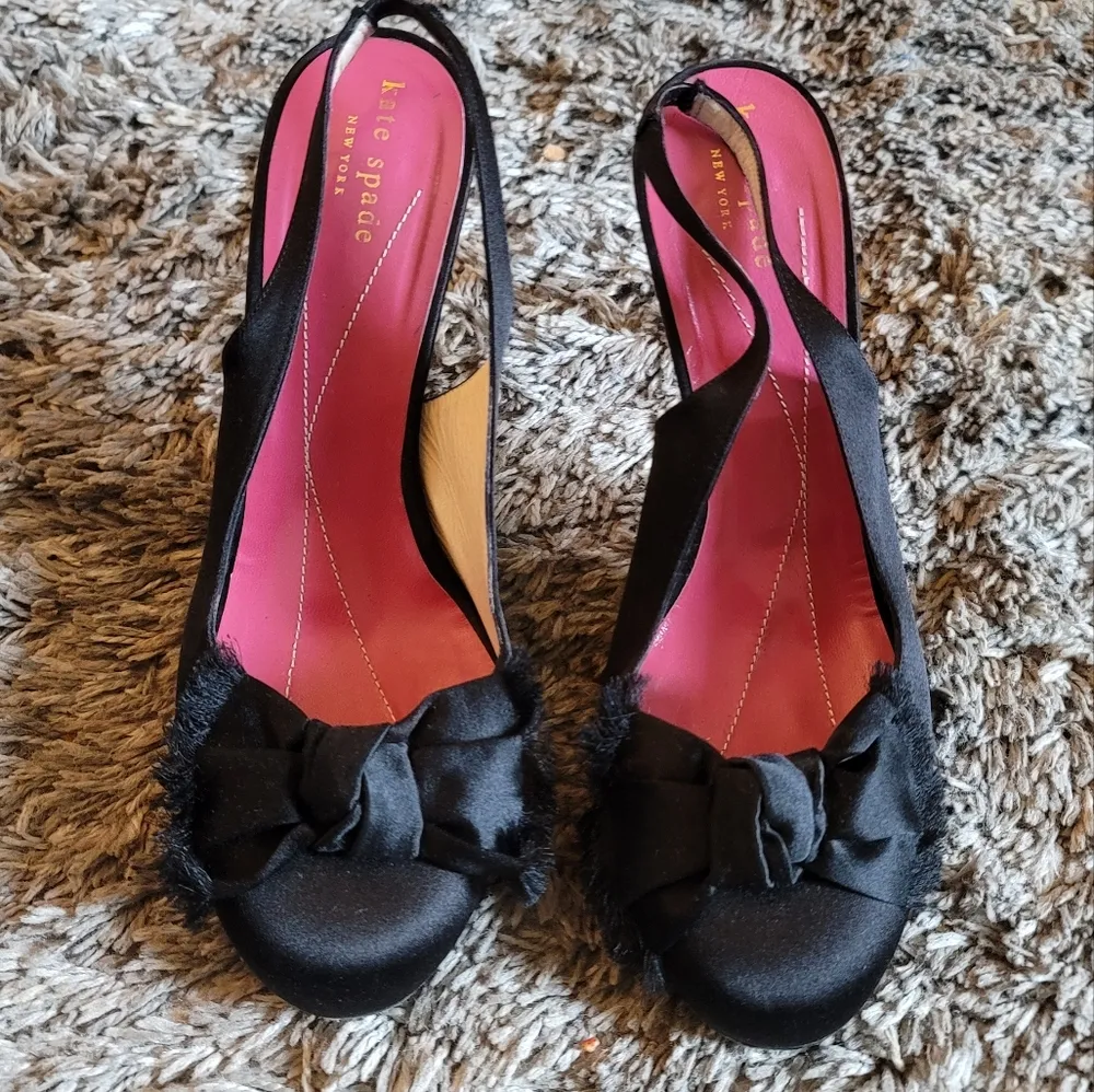 Kate Spade Classic Black Satin Bow Front Sling Back Pumps 8.5 - Image 2