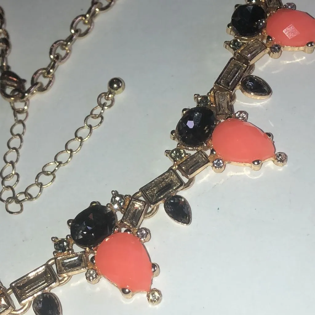 Gold Tone Bright Peach Runway CZ Rhinestone Statement Necklace Black - Image 6