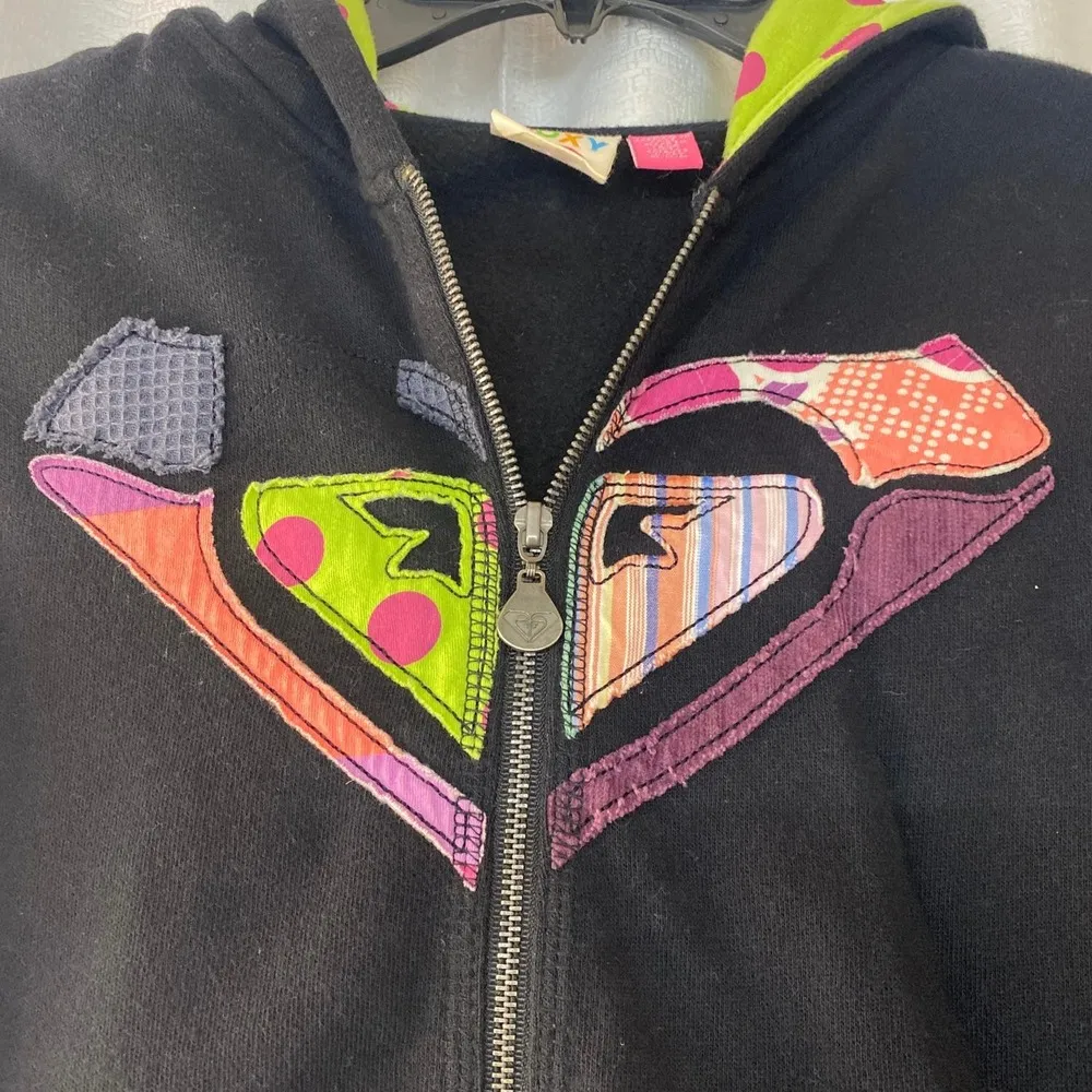 Roxy Appliquéd Hoodie black zip lined women sz M - Image 2