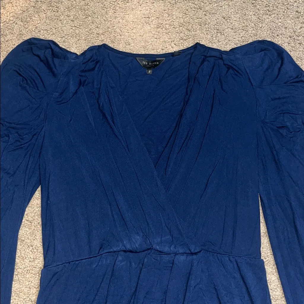 Ted Baker Elvasi Long Puff Sleeve Faux Wrap Dress Navy Blue US 6 (TB 2) - Image 4