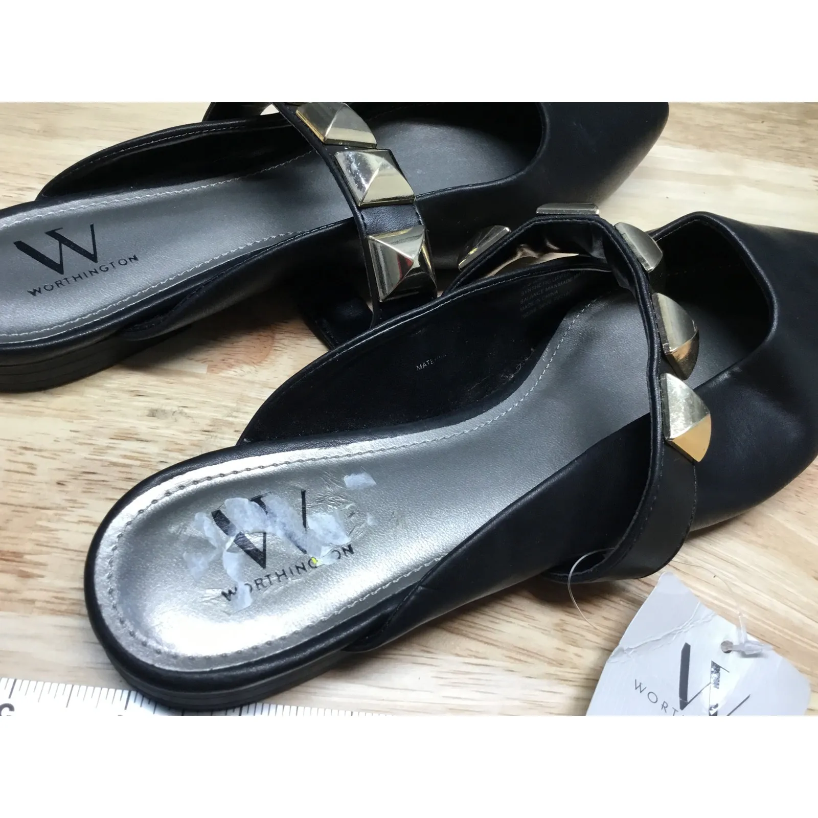 Worthington Women's 8.5 Black Leather Studded Pointed Toe Classic Slip-On Mules - Image 6