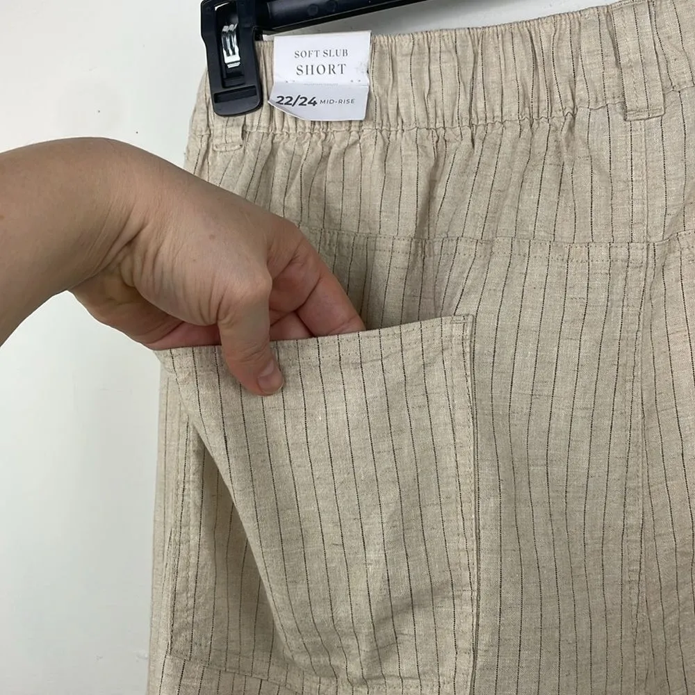 Lane Bryant Soft Slub Short Mid Rise Shorts Linen Blend Tan Black Stripes  22/24 - Image 5