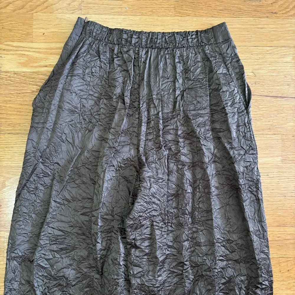 Ozai N Ku Satin Feel Lagenlook Cropped Preppy Side Zip Pockets Barrel Pants S Brown - Image 8