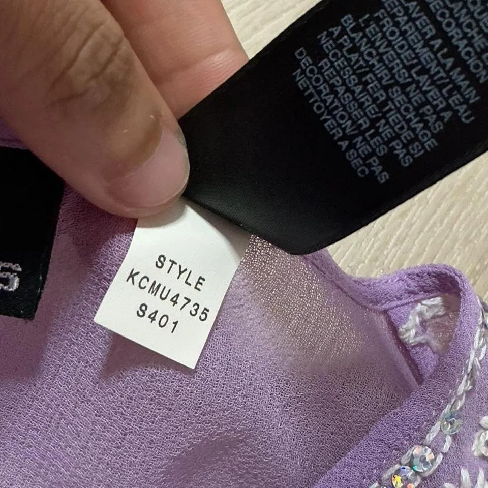 DKNY Jeans Embellished Lavender Floral Button Up 3/4 Sleeve Sheer‎ Top - Image 5