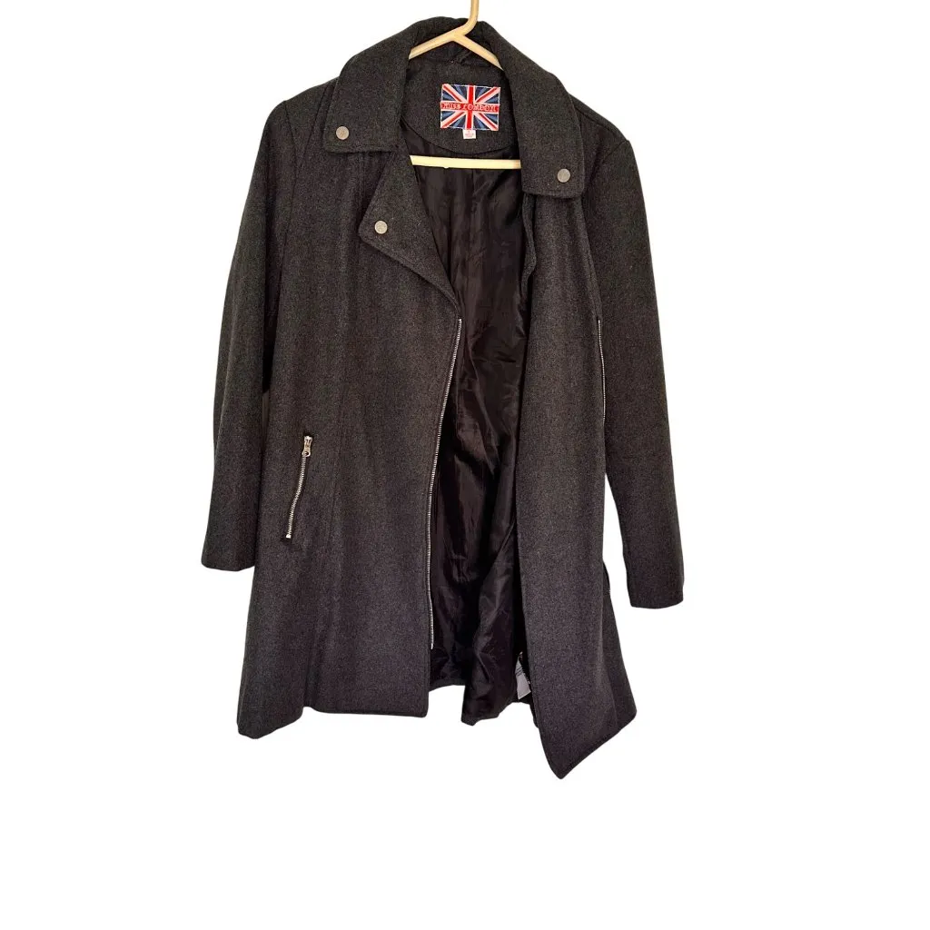 Miss London Size Large Grey Wool-Blend Coat Zipper Snap Details - Image 3