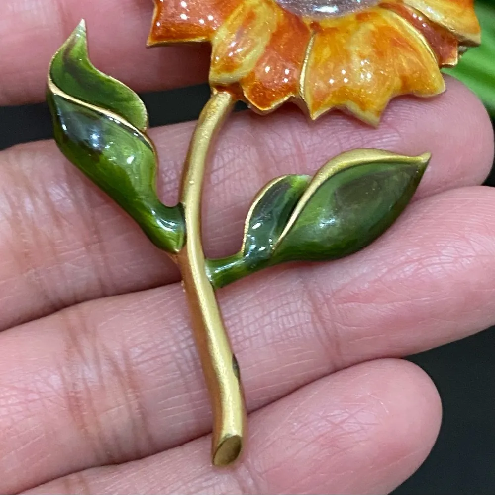 Vintage Enamel Sunflower Brooch Orange - Image 6