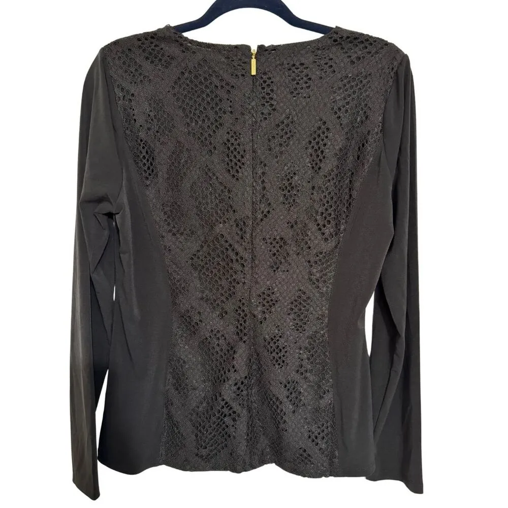MICHAEL KORS Snakeskin Lace Crochet Longsleeve Black Round Neck Blouse NWT Large - Image 4