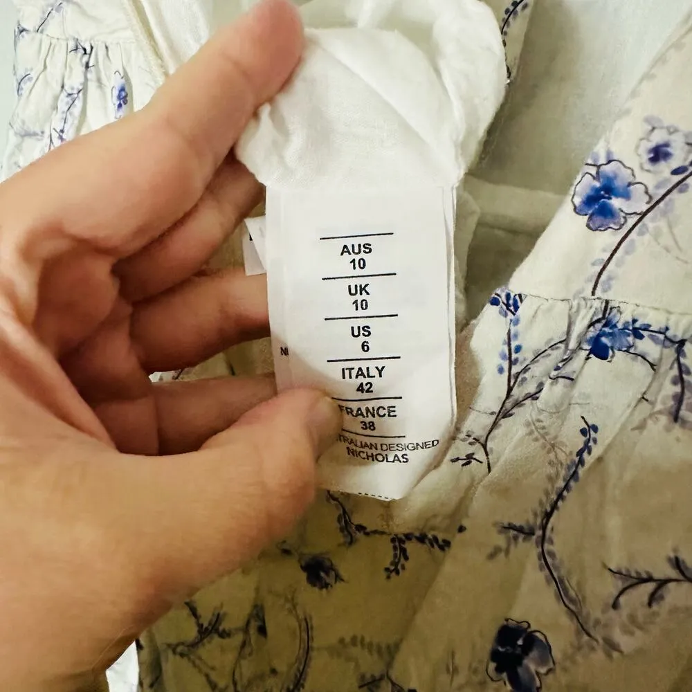 Nicholas Celie White Blue Floral Button Front Print Puff Sleeve Maxi Dress Sz 6 - Image 14