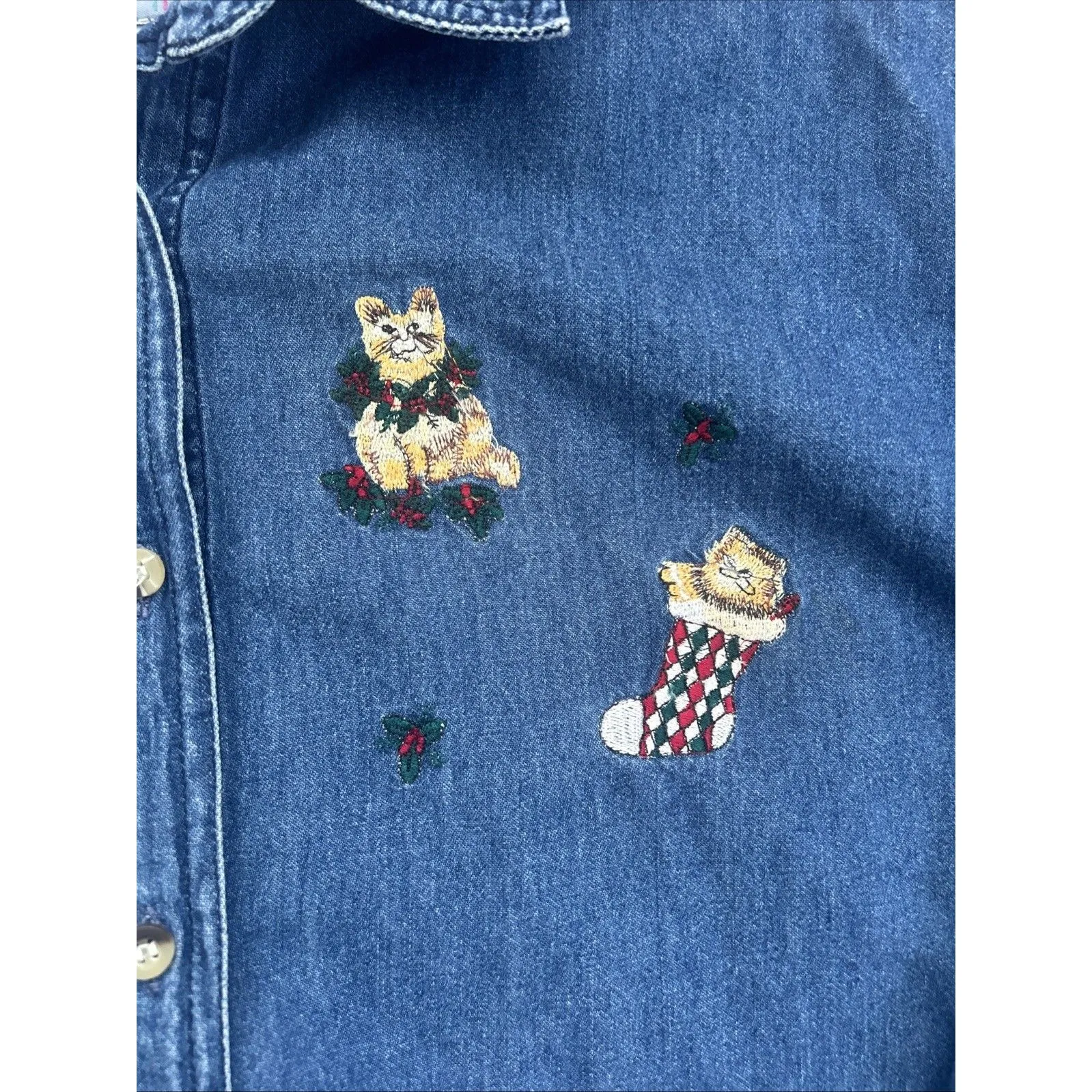 Keren Hart Womens Large button up embroidered Denim shirt Kittens Cats Blue - Image 3