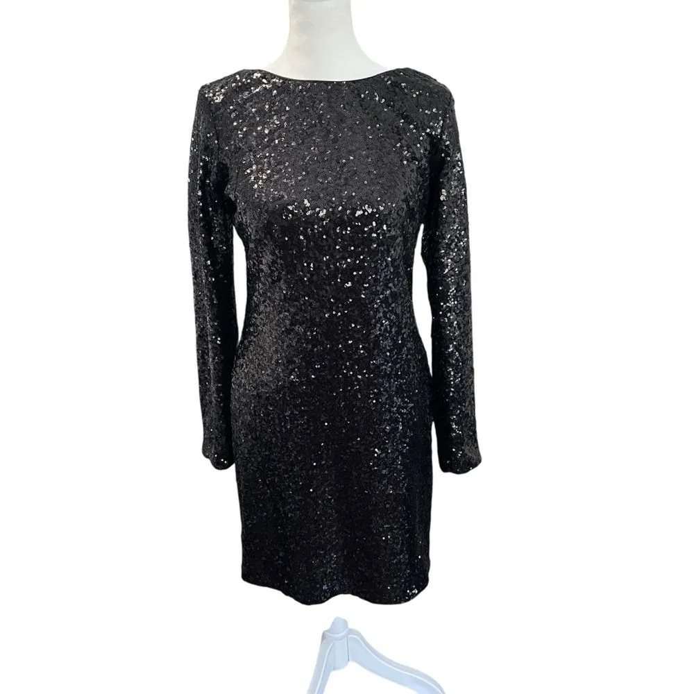 Dress the Population Kelly Black Sequin Open Back Long Sleeve Mini Dress L - Image 3