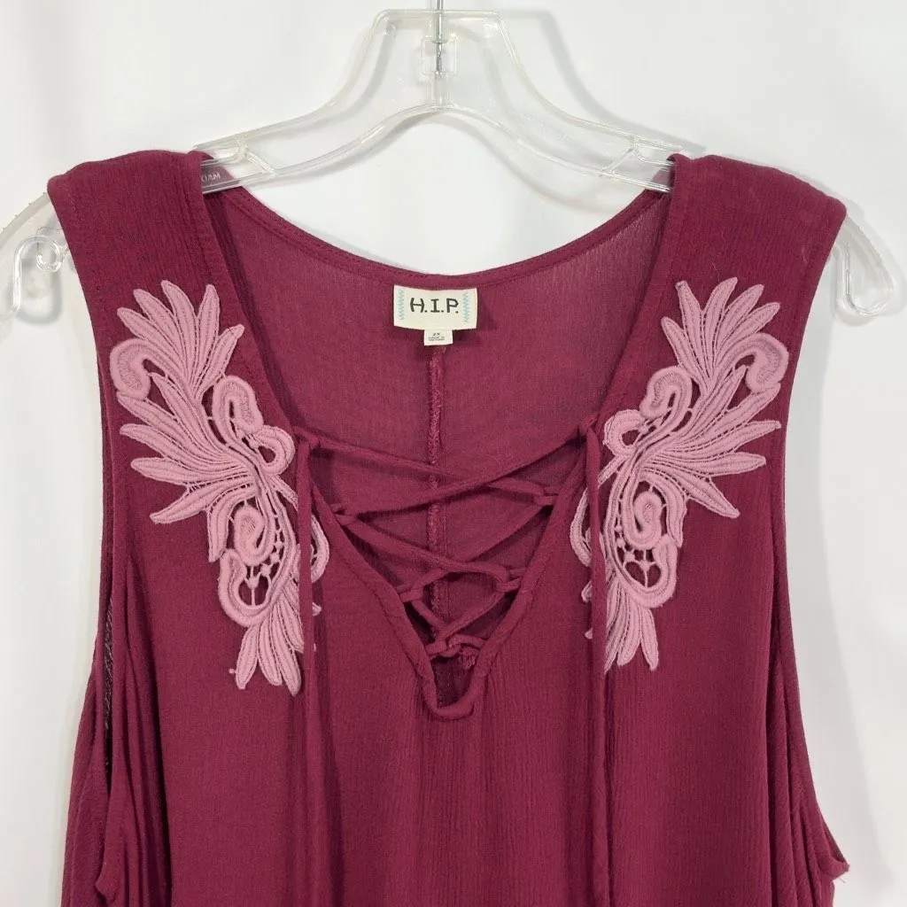 HIP Plus Size 2X Tank‎ Top Burgundy Gauzy Lace Up Embroidered Flowy Boho 1537 Purple - Image 3