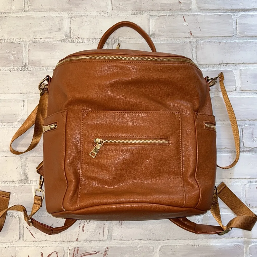 Faux leather brown cognac tan large backpack diaper bag - Image 3