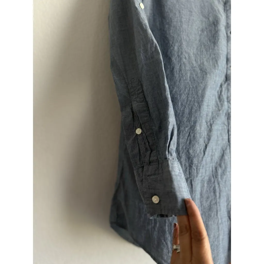 J.CREW Women’s Chambray Half Button Down Popover Shirt Rolled Tab Sleeves Size S Blue - Image 7