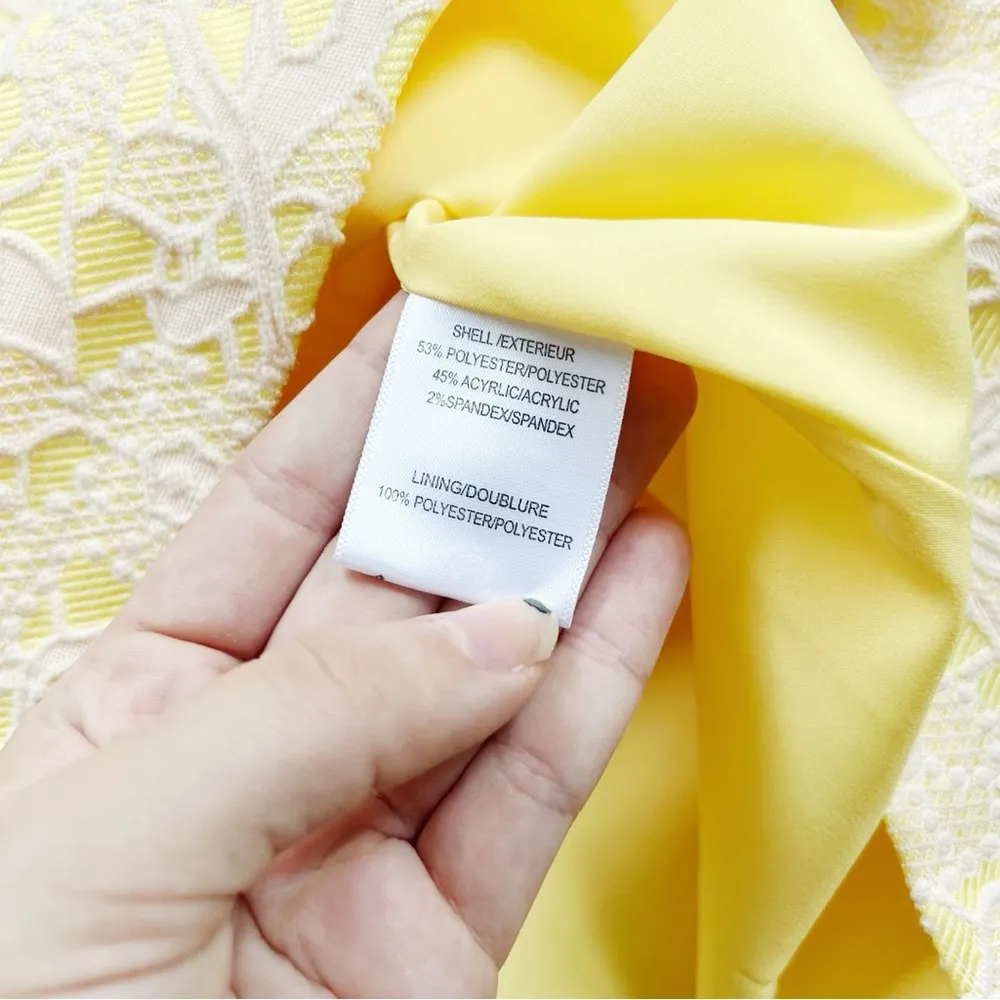 Badgley Mischka • yellow floral mini dress white trompe l'oeil lace knit skater - Image 7