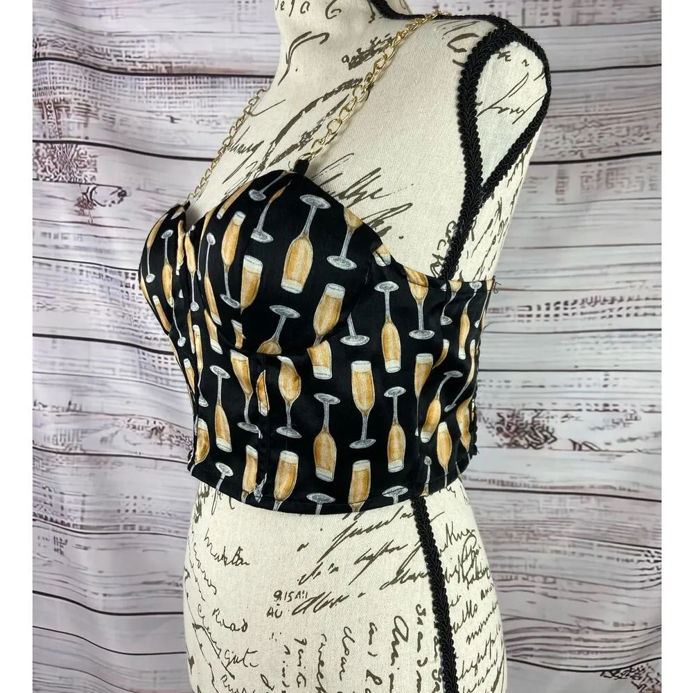 Rabbit Rose Bustier Crop Top Womens M Chain Strap Sweetheart Smock Pad Cup Party Size M - Image 3