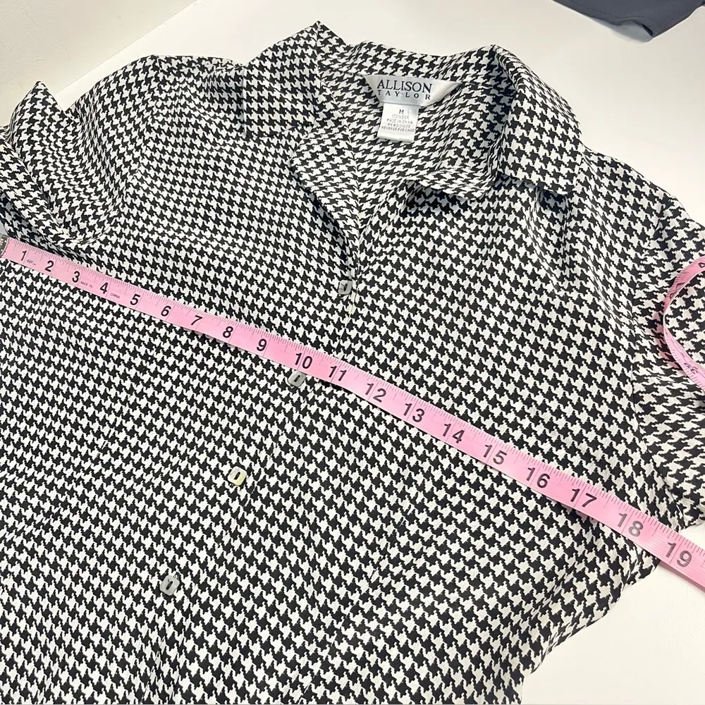 90s Y2K 100% silk top houndstooth Allison Taylor blouse black white size medium - Image 5
