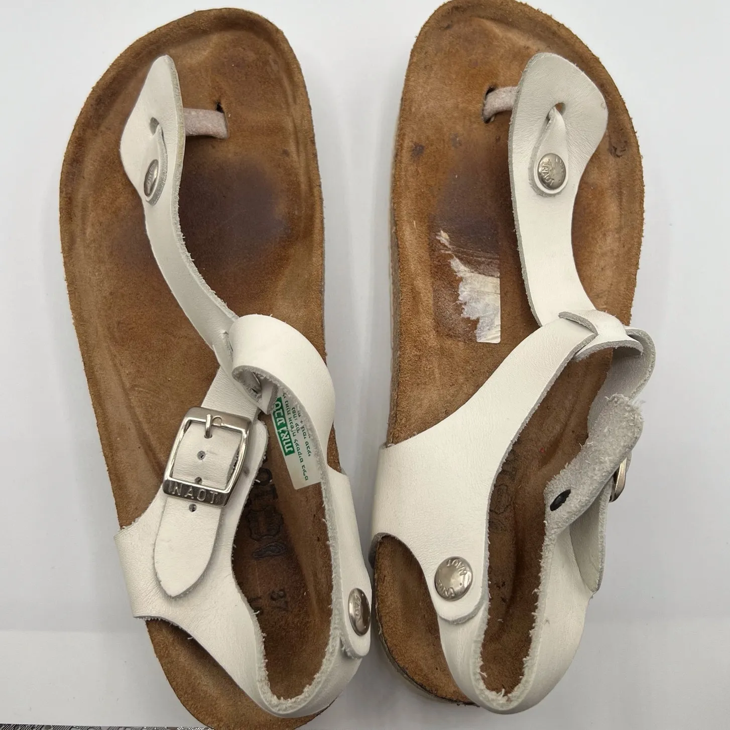 Naot Leather Thong Flat Sandals White Brown Buckles Womens Size 37 US 6 Boho - Image 6