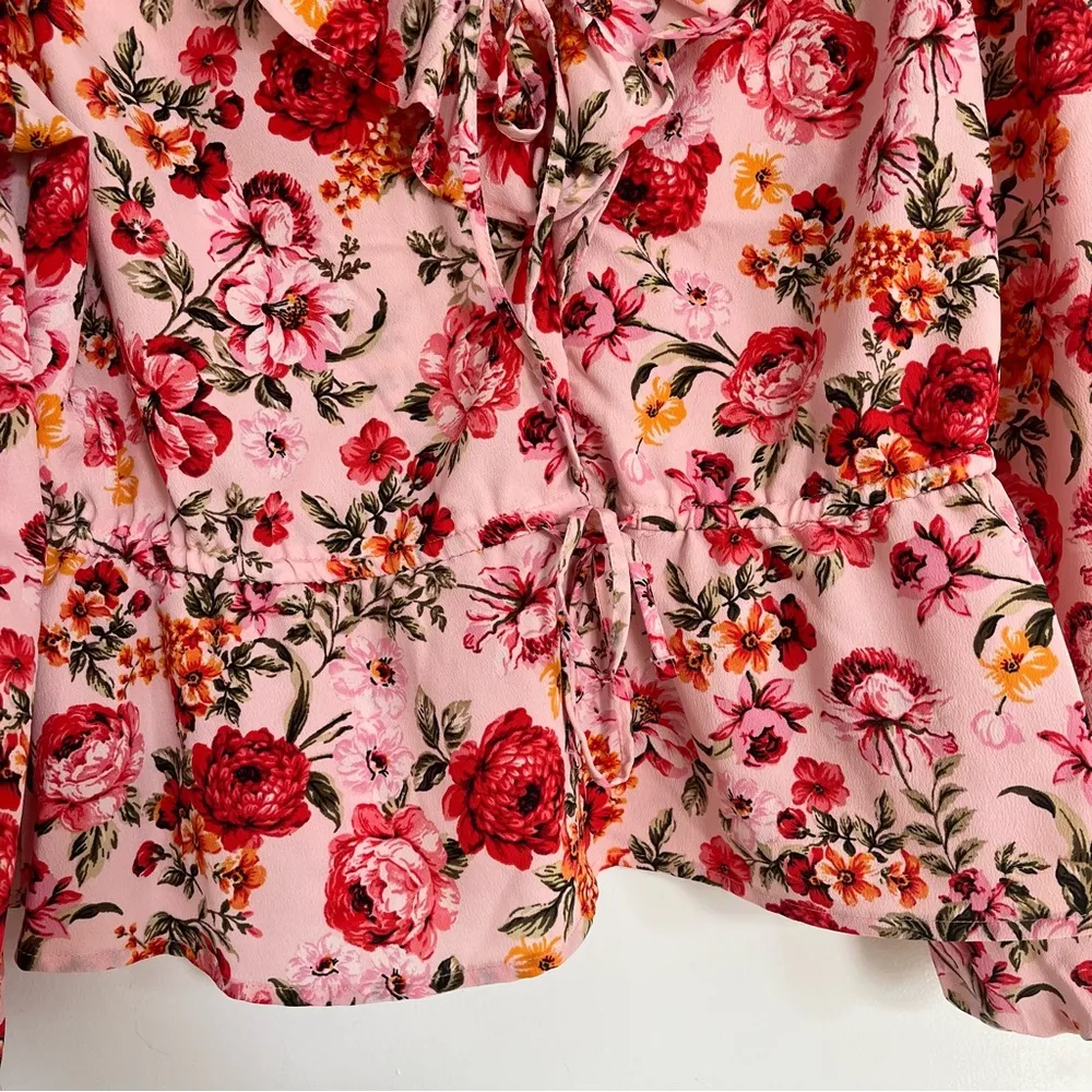 Pink ruffle peplum tie waist floral pink blouse v neck puff sleeve - Image 5