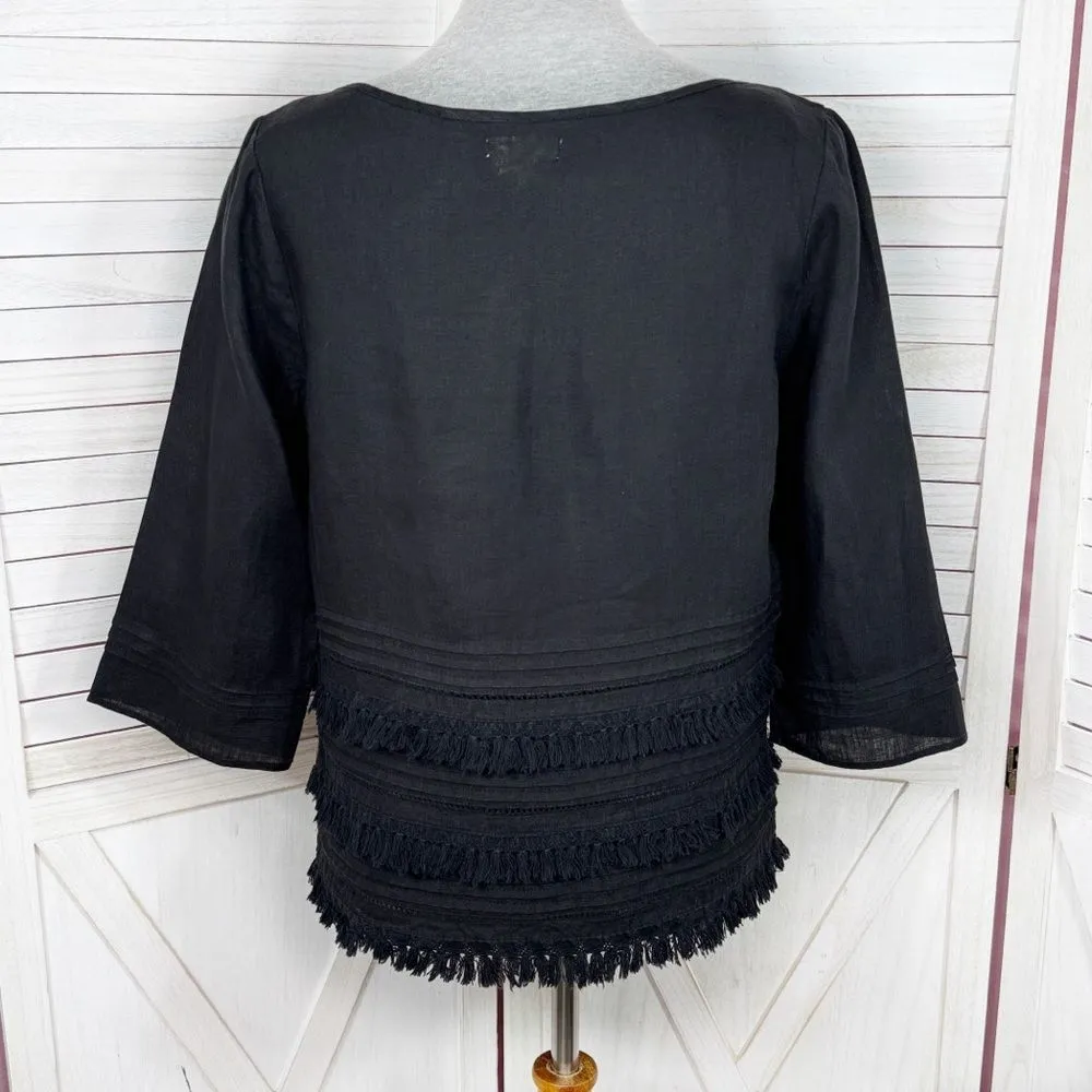 Anthropologie Meadow‎ Rue Olathe Tiered Fringe Hem Linen Boxy Shirt Black Small - Image 4