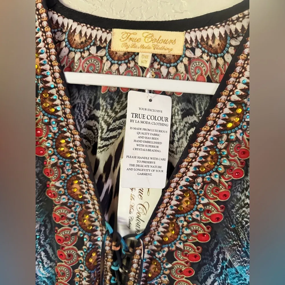 NWT~TRUE COLOURS La Moda Clothing Kaftan w/ Crystals /Beading Swim Cover Up /Top Blue Size undefined - Image 3