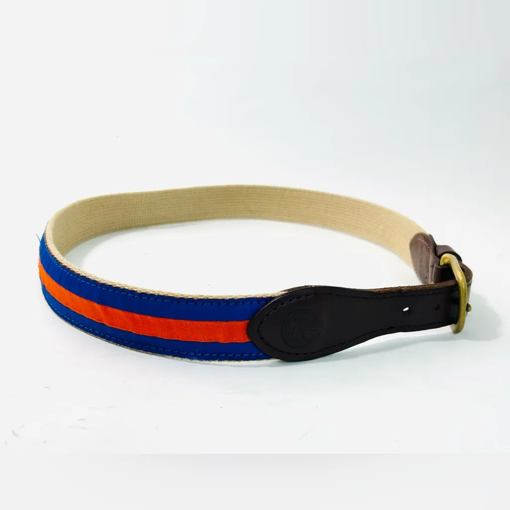 Jardine Ribbon Belt Orange and Blue Stripes with Beige Canvas and Brown Leather - Image 5