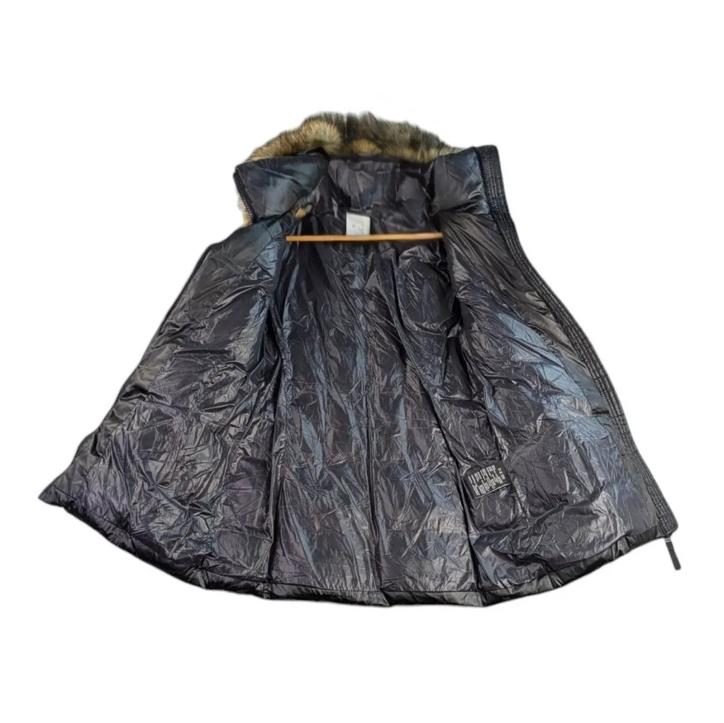 S13/NYC Chalet Belted Down Filled Puffer Detachable Fur Trim Hood EUC Small F243 Black - Image 4