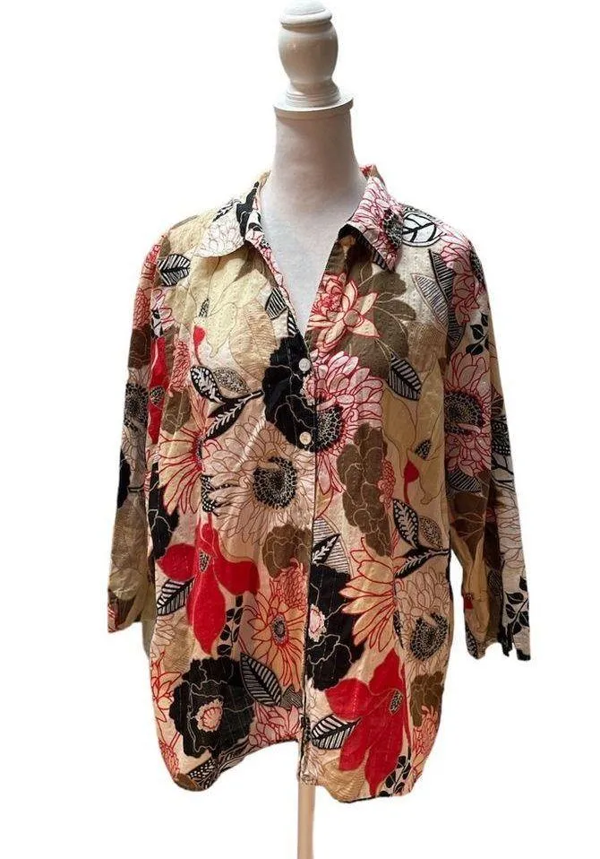 Multicolor Floral Print 3/4 Sleeve Button Down Shirt Size 18 - Image 1