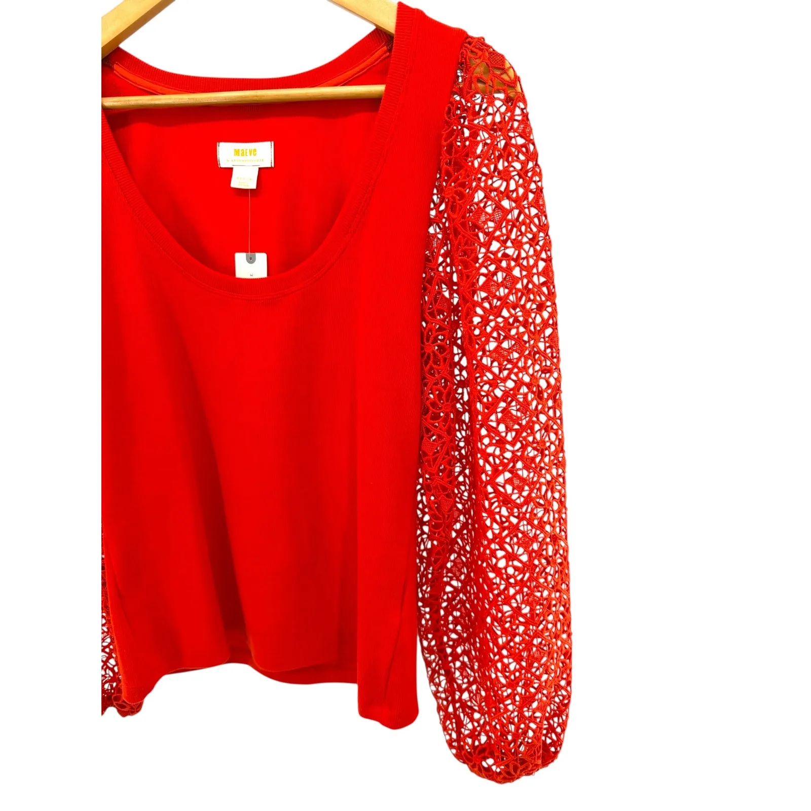 Maeve Anthropologie Red Knit Top Lace Crochet Balloon Sleeves Modern Chic M Size M - Image 2
