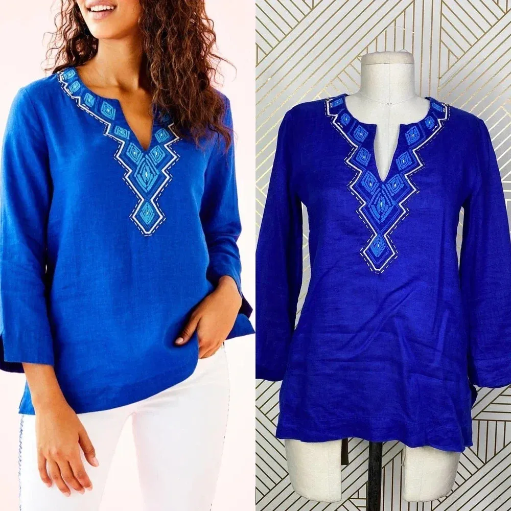 Lilly Pulitzer Amelia Island Tunic‎ Twilight Blue Beaded Embroidered Size US XXS - Image 2