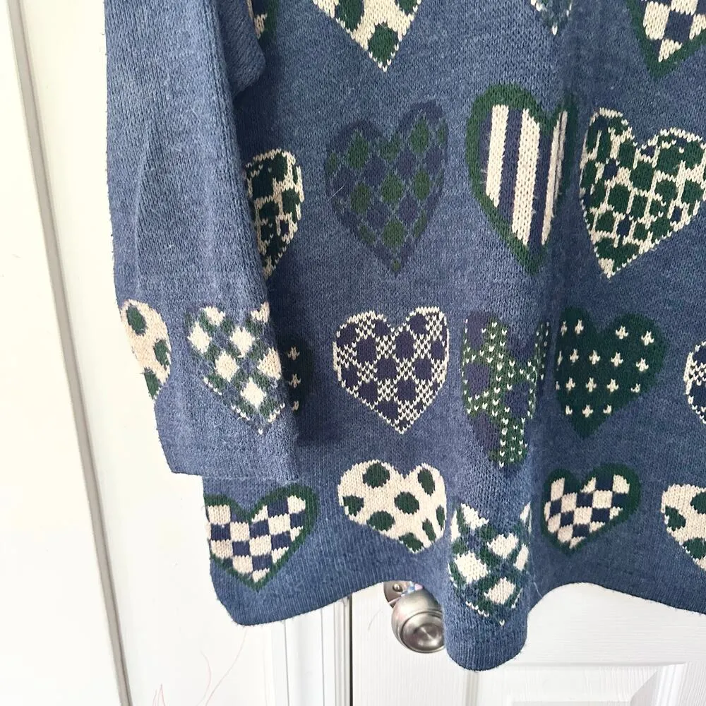 Maggie Lawrence Vintage Blue Green White Cottagecore Hearts Knit Sweater 18/20 - Image 3