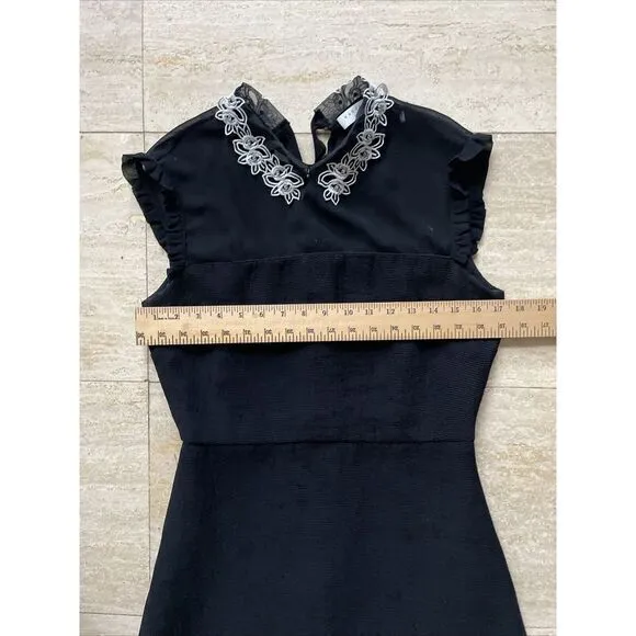 Sandro Paris Mesh Embroidered Collar Black‎ Midi Dress Short Sleeve Size 40 S - Image 4