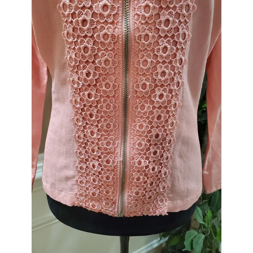 Ruby Rd. Women Pink Lace Floral Linen Long Sleeve Casual Full Zip Jacket Size 12 - Image 3