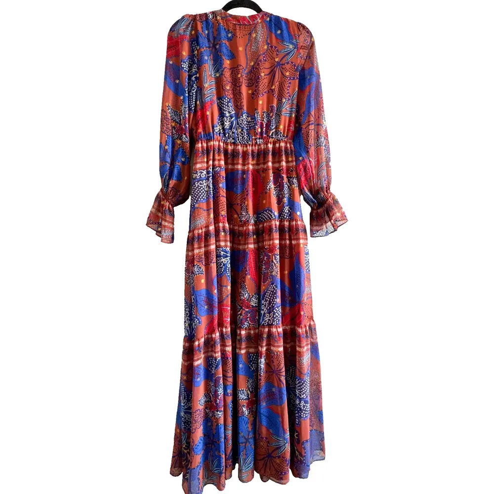 House of Harlow Maxi Tiered Floral Rustic Boho Long Sleeve Dress Size Small Orange - Image 12
