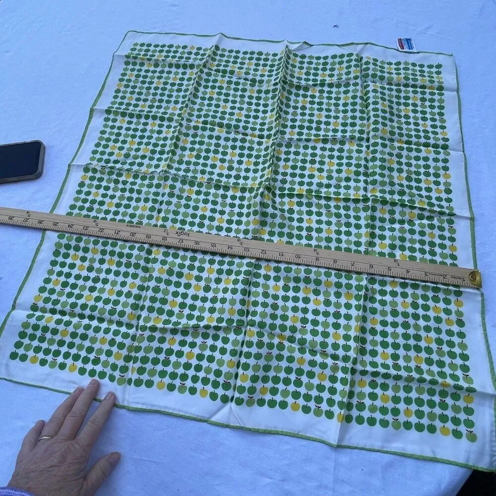 Vintage “ A Paris Scarf” 26” X 26” Apples print Japan hand rolled. Green - Image 9
