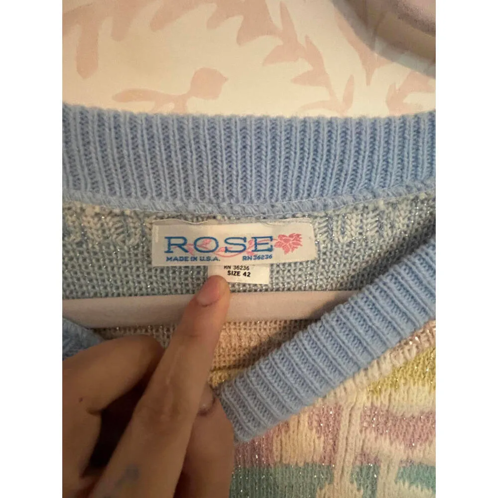 80's Vintage Pastel Geometric Lurex Rainbow Knit Sweater Blue Size XL - Image 7