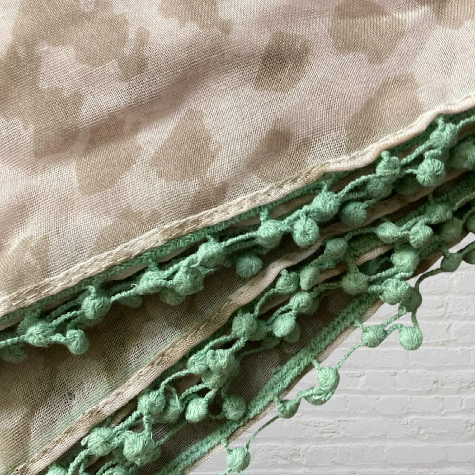 Vera Neumann Scarf Beige Green Boho Print Infinity Scarf Pom Pom Edging Detail Pink - Image 5