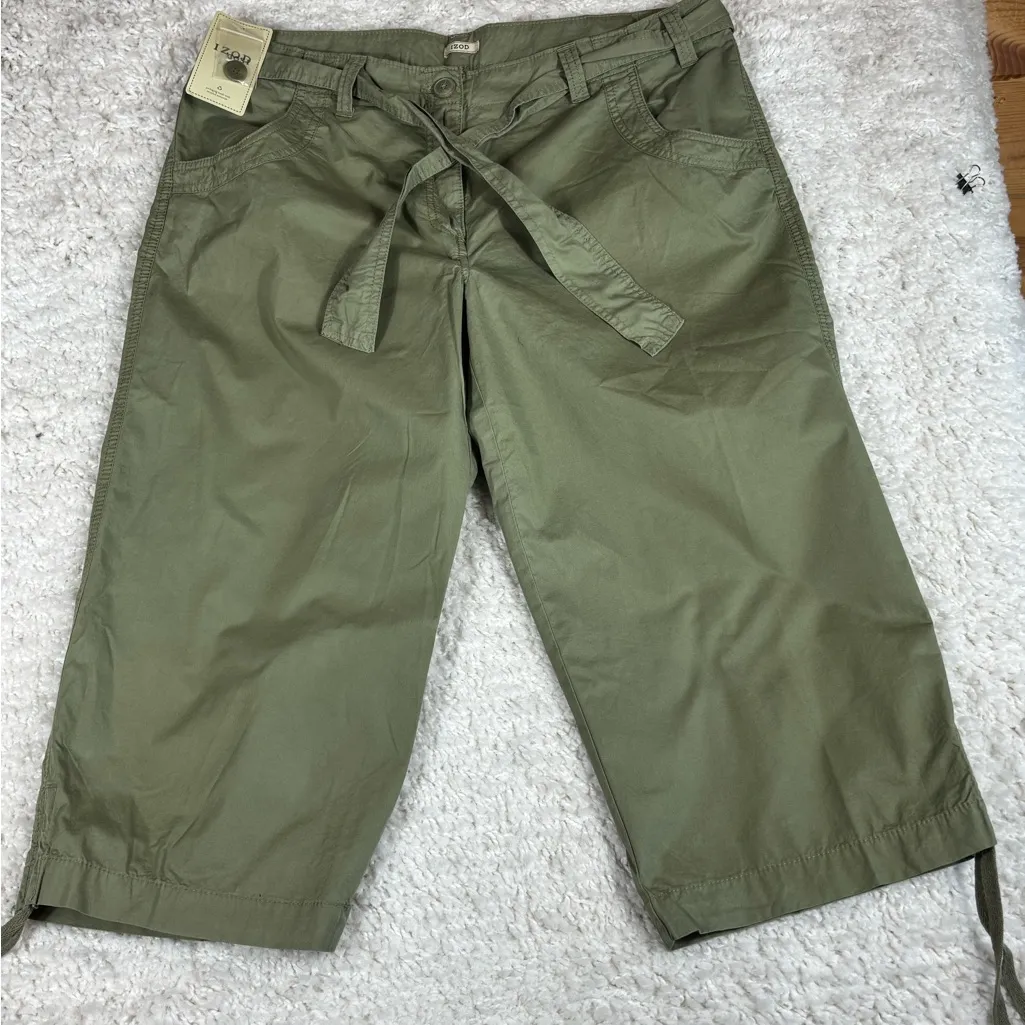 IZOD **SET OF 2** Women's Capri Pants, Belted, Cream/Olive, Size 16 - Image 2