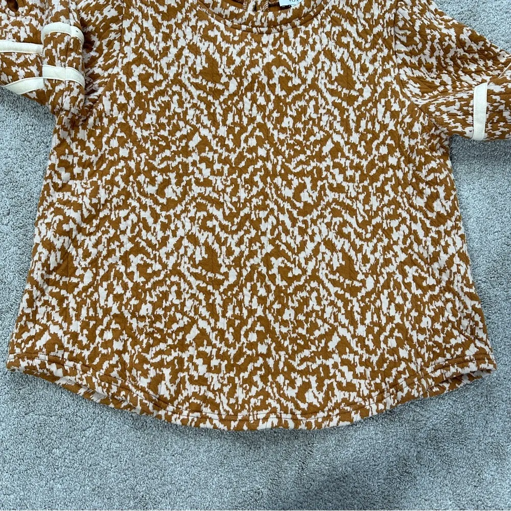 NWT VOY Women’s 3/4 Balloon Sleeve Printed Crop Top Boho in Orange White S - Image 3