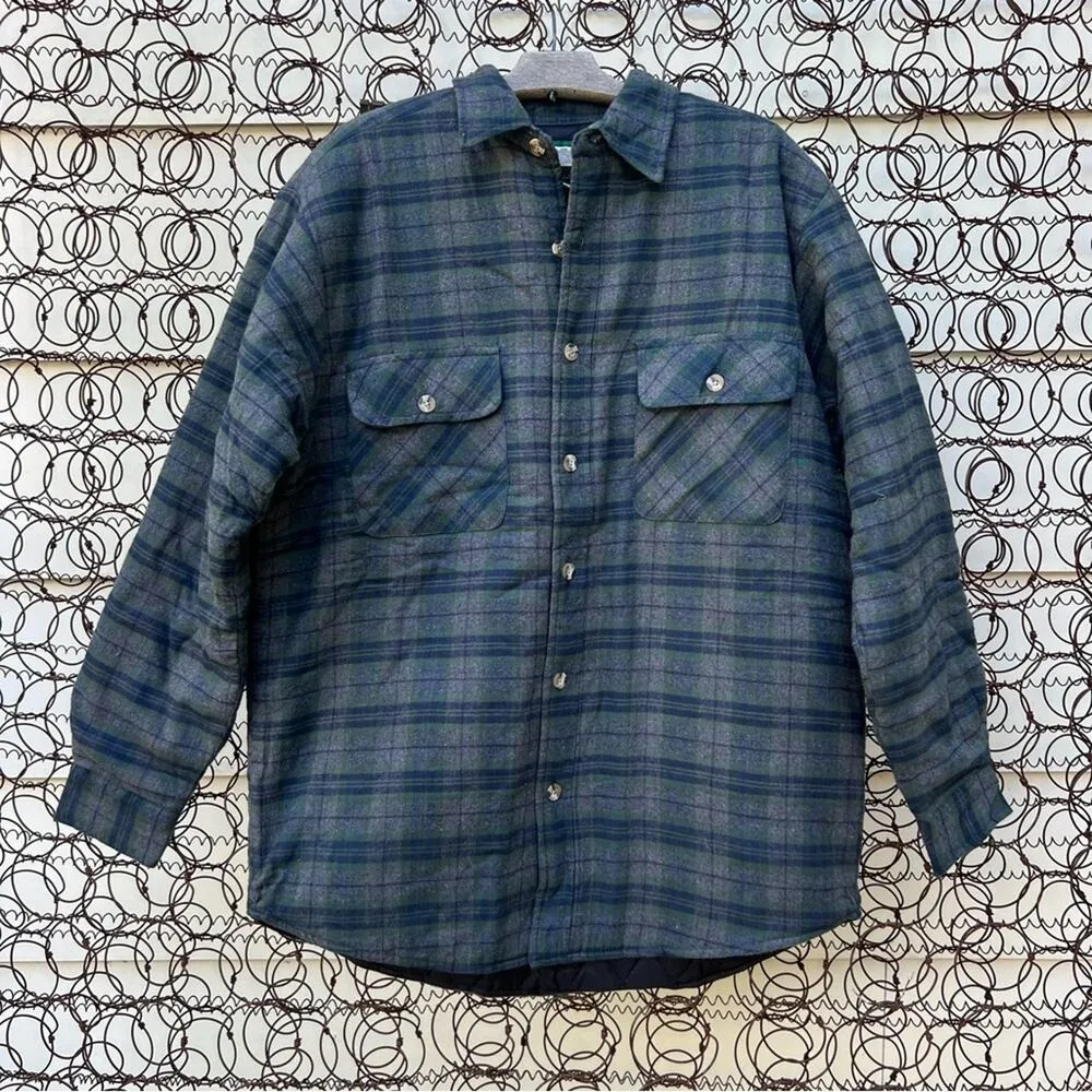 Vintage Dark Green Blue Plaid Flannel Quilted Long Sleeve Shirt Shacket MEDIUM - Image 2