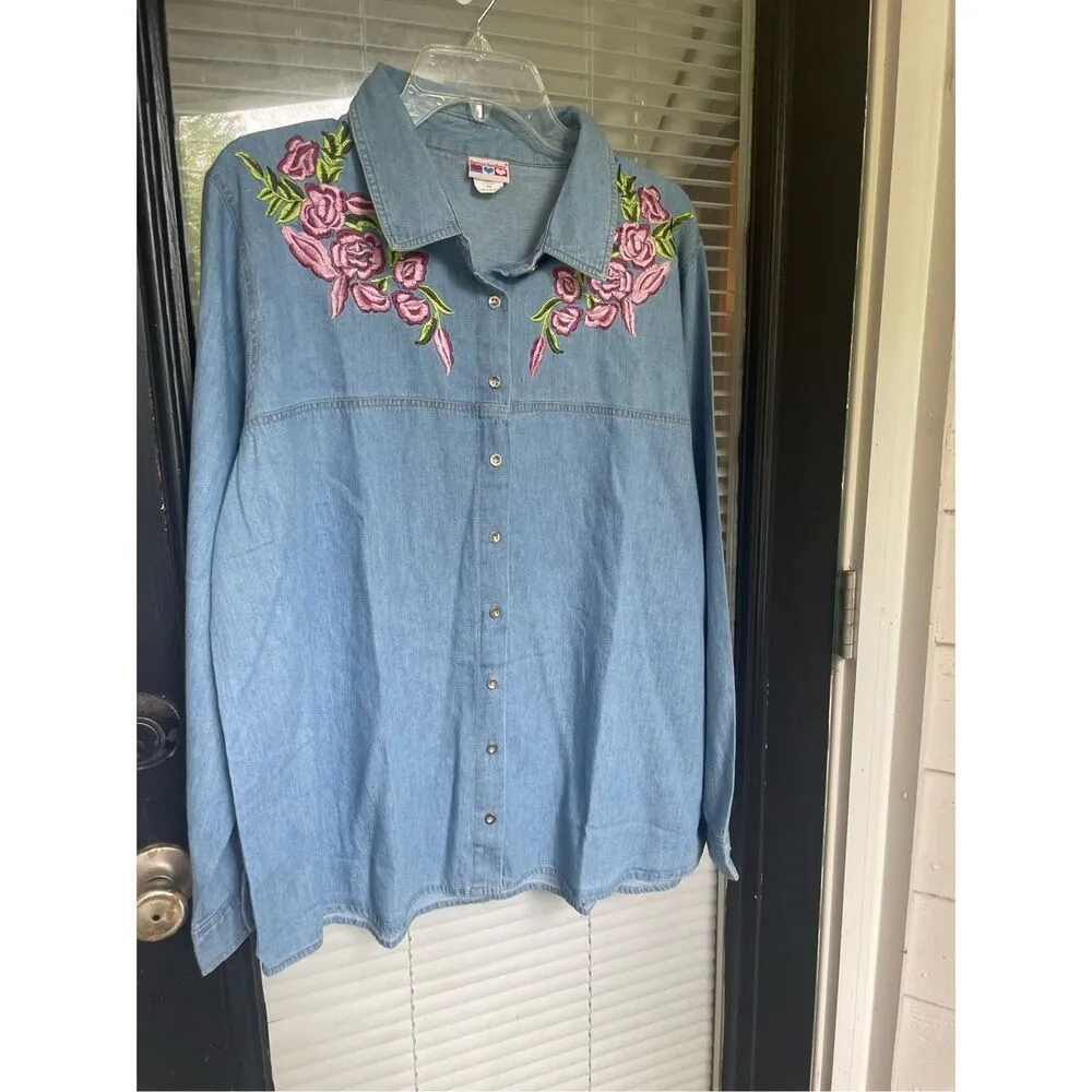 American Sweetheart Denim Embroidery Floral Long Sleeve Blouse Blue Size XX - Image 9