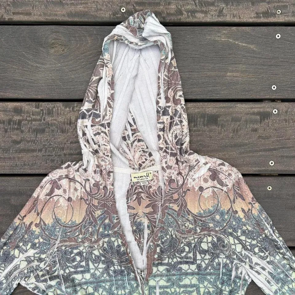 Y2K Brown/Green One World Ribbed Thin Sweatshirt Hoodie Earth Tones - Image 3