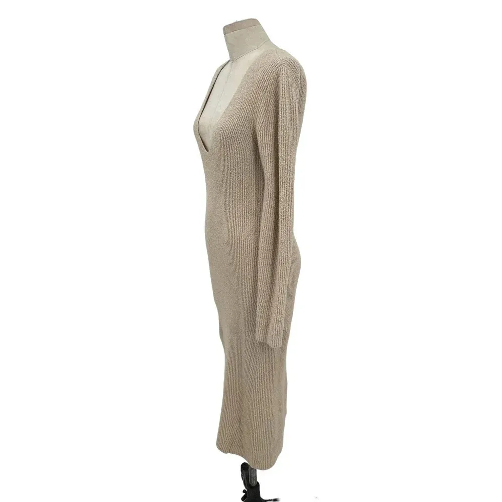 Aritzia Wilfred Camel‎ Tan V-Neck Long Sleeve Sweater Midi Dress Size Small - Image 4