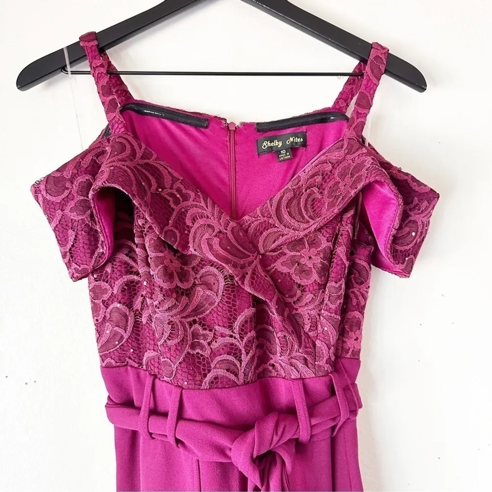 Shelby Nites Women’s 10 Fuchsia Belted Lace Jumpsuit Pink - Image 2