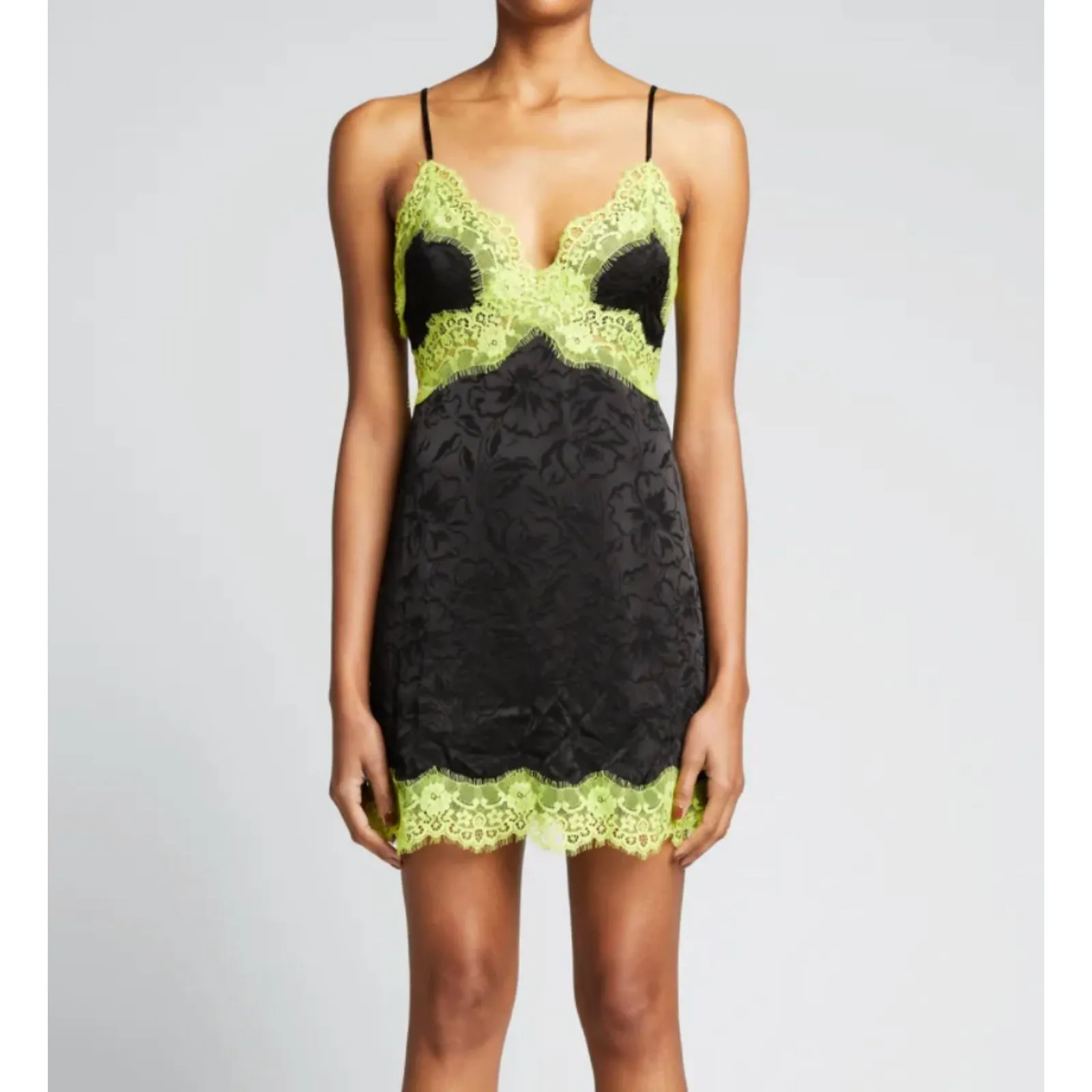 ALICE + OLIVIA Zaira‎ Lace Trim Mini Dress Black/Lime Punch Sz 2 - Image 2