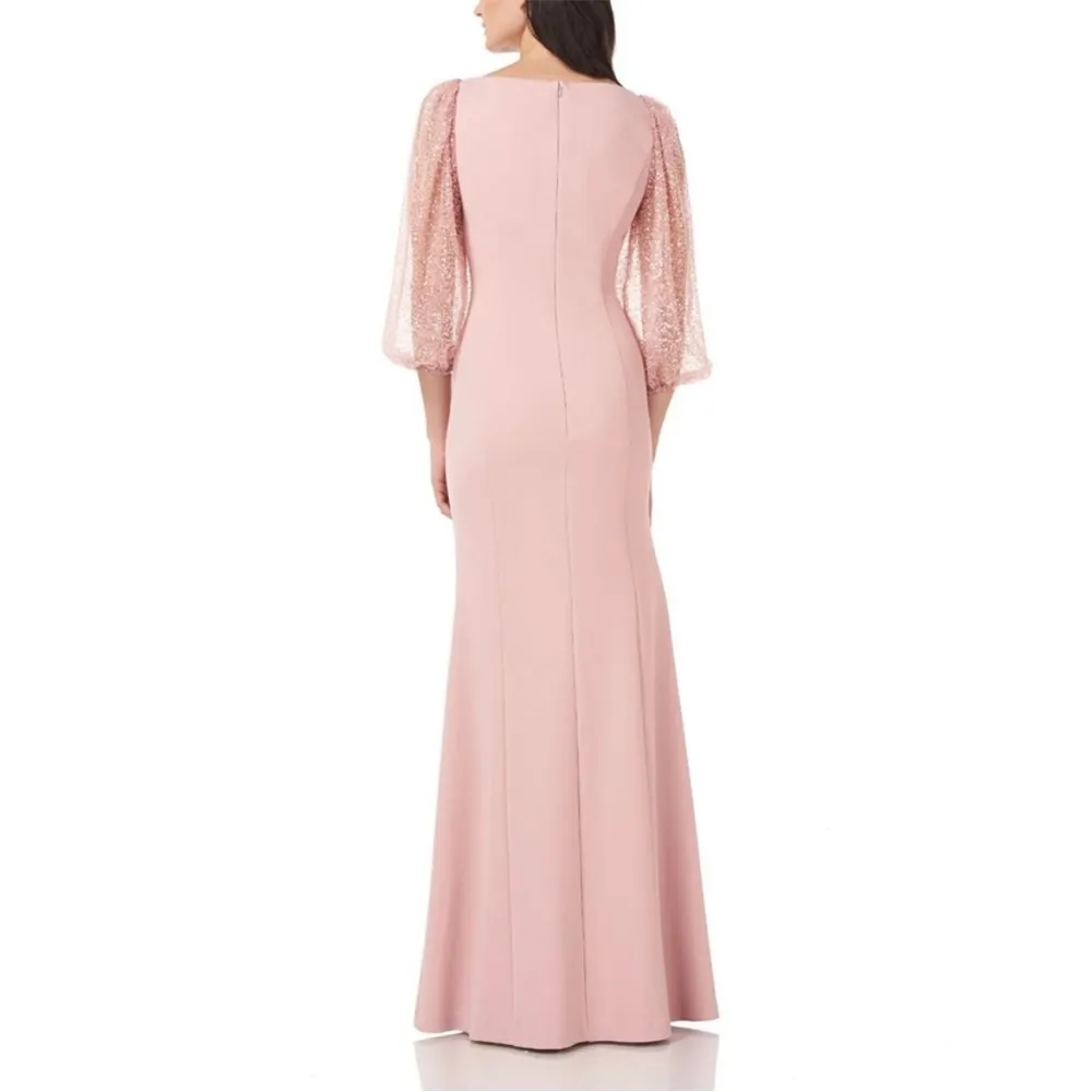 Women’s JS Collections Beaded Sleeve V-Neck Stretch Crepe Gown - Image 4