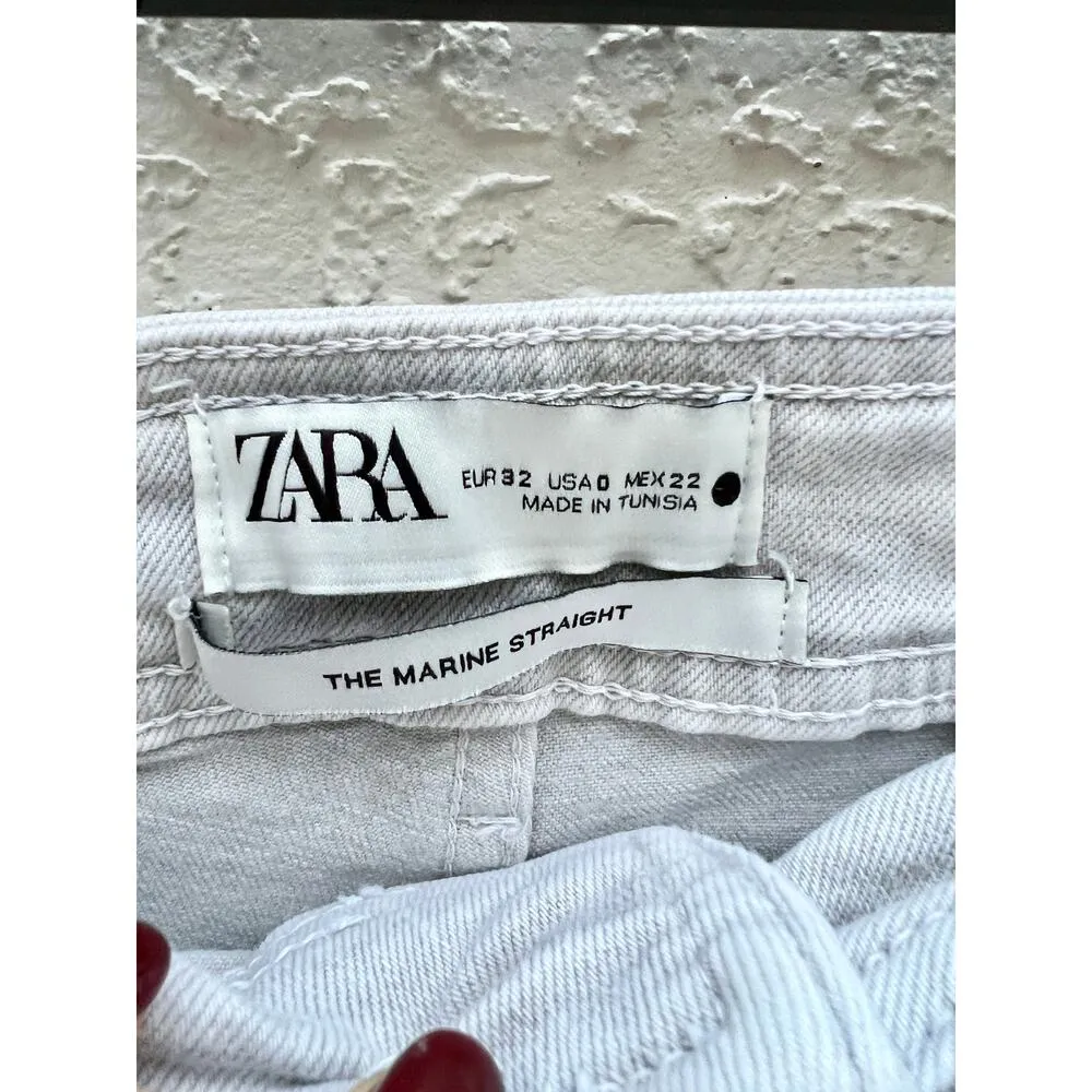 Zara High Rise Trim Hem The Marine Straight Leg Jeans Denim Cream Women's US 0 - Image 4
