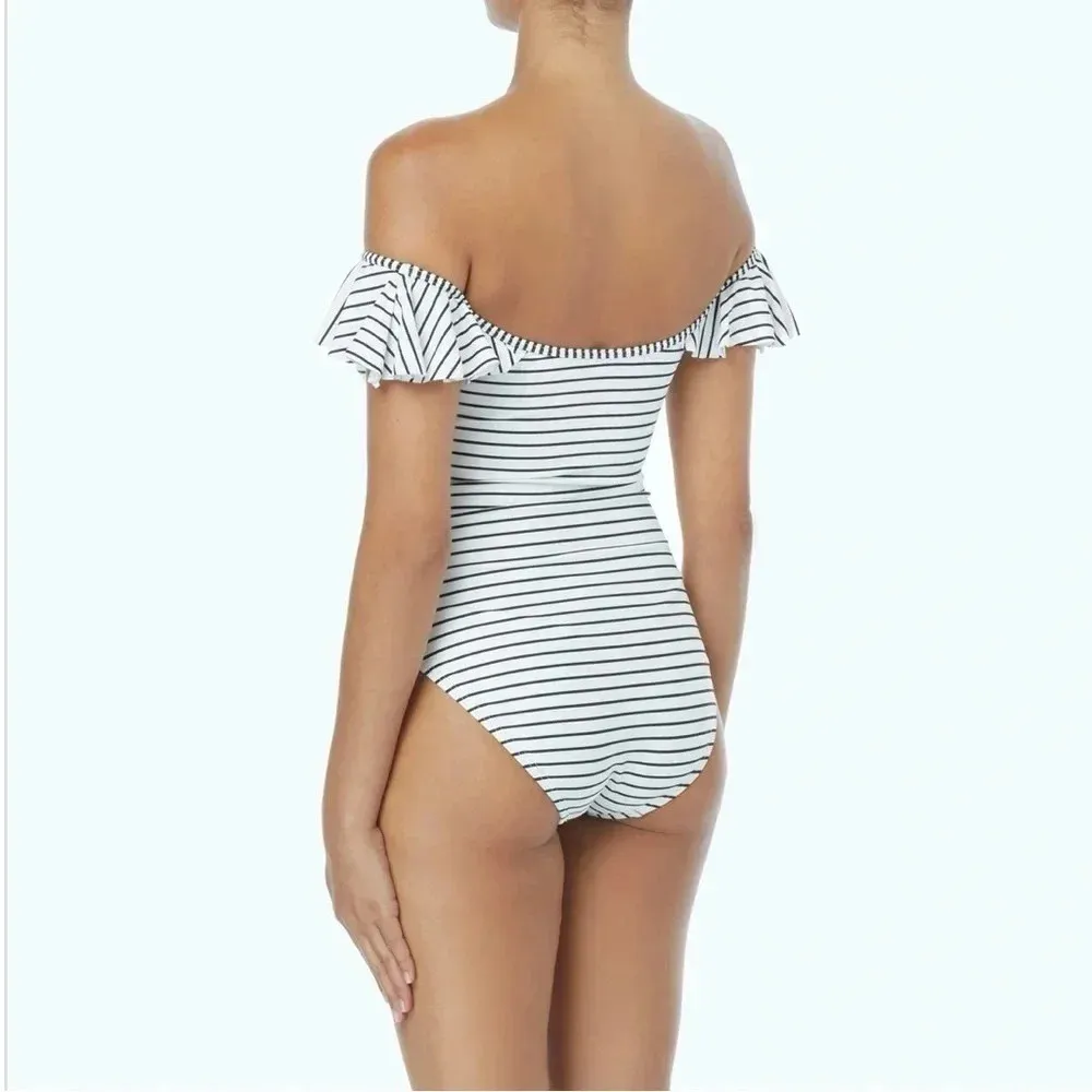 Vince Camuto Ruffle Off the Shoulder One Piece Swimsuit - Blossom Stripe Size 8 - Image 3