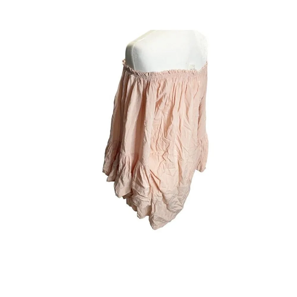 Black Bead Pink Boho Mini Shift Dress M Bell Sleeve Off The Shoulder - Image 2