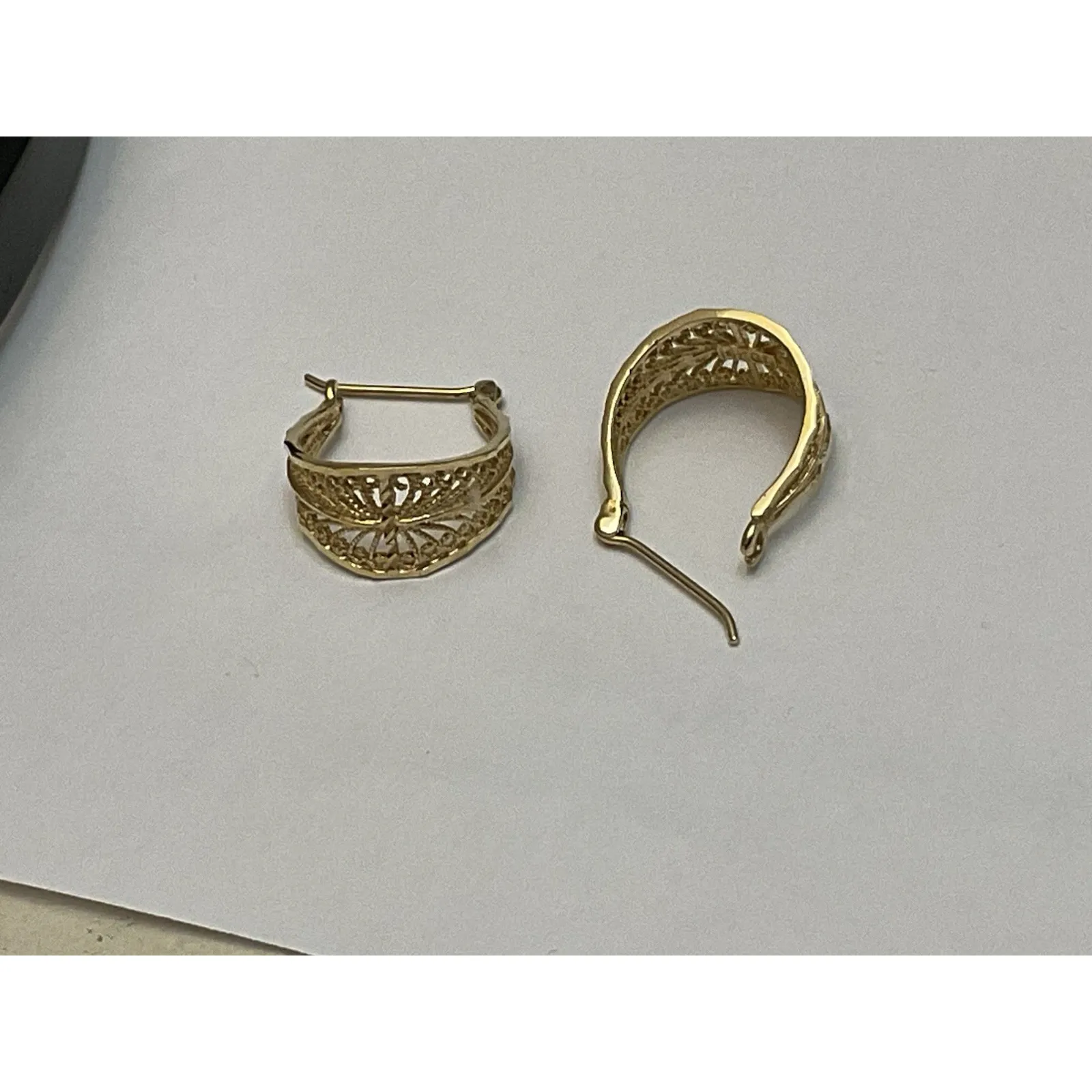 Vintage Solid 14k Yellow Gold Handmade Open Filigree Hoop Earrings - Image 4