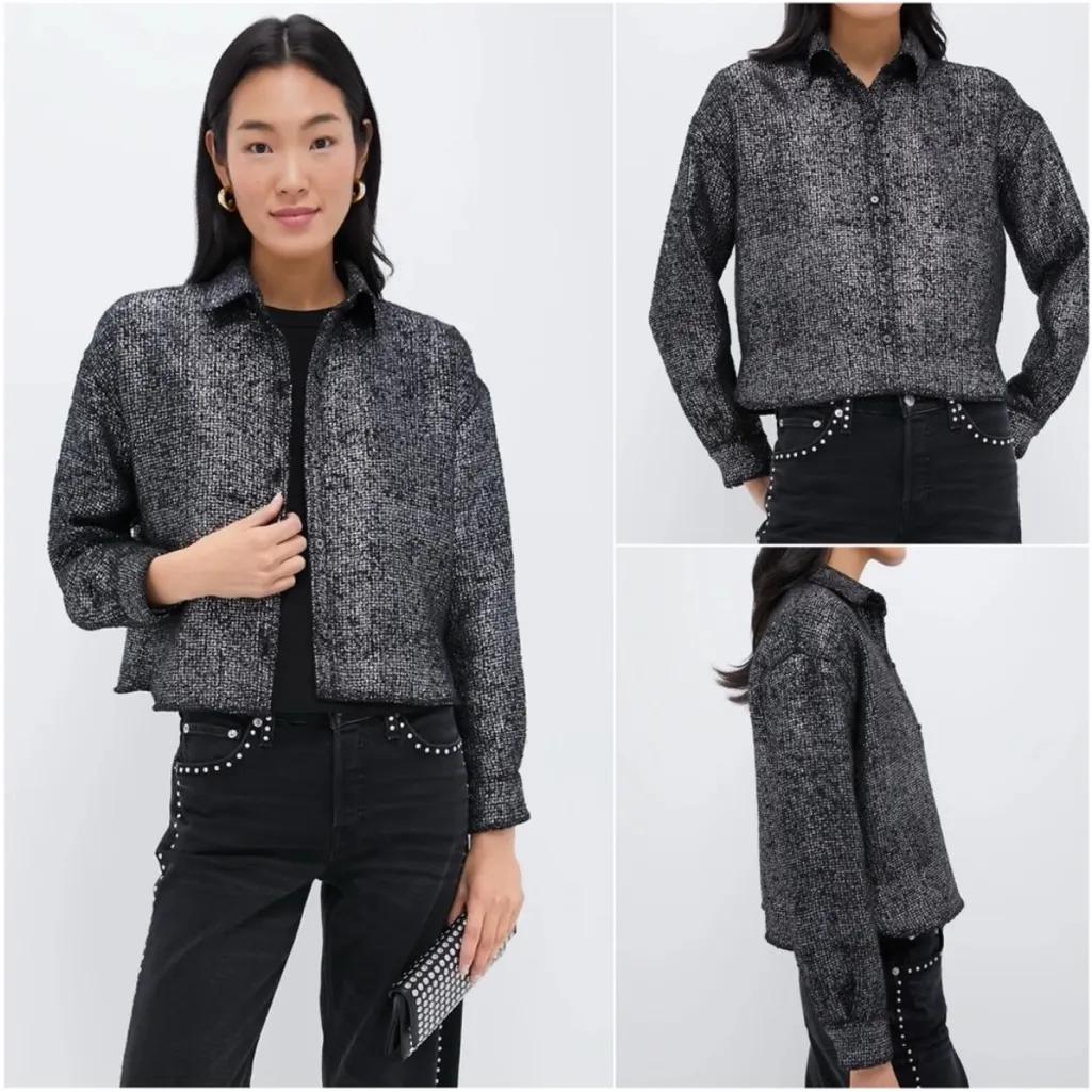 NWT Tuckernuck metallic tweed jasper cropped button down size L - Image 2